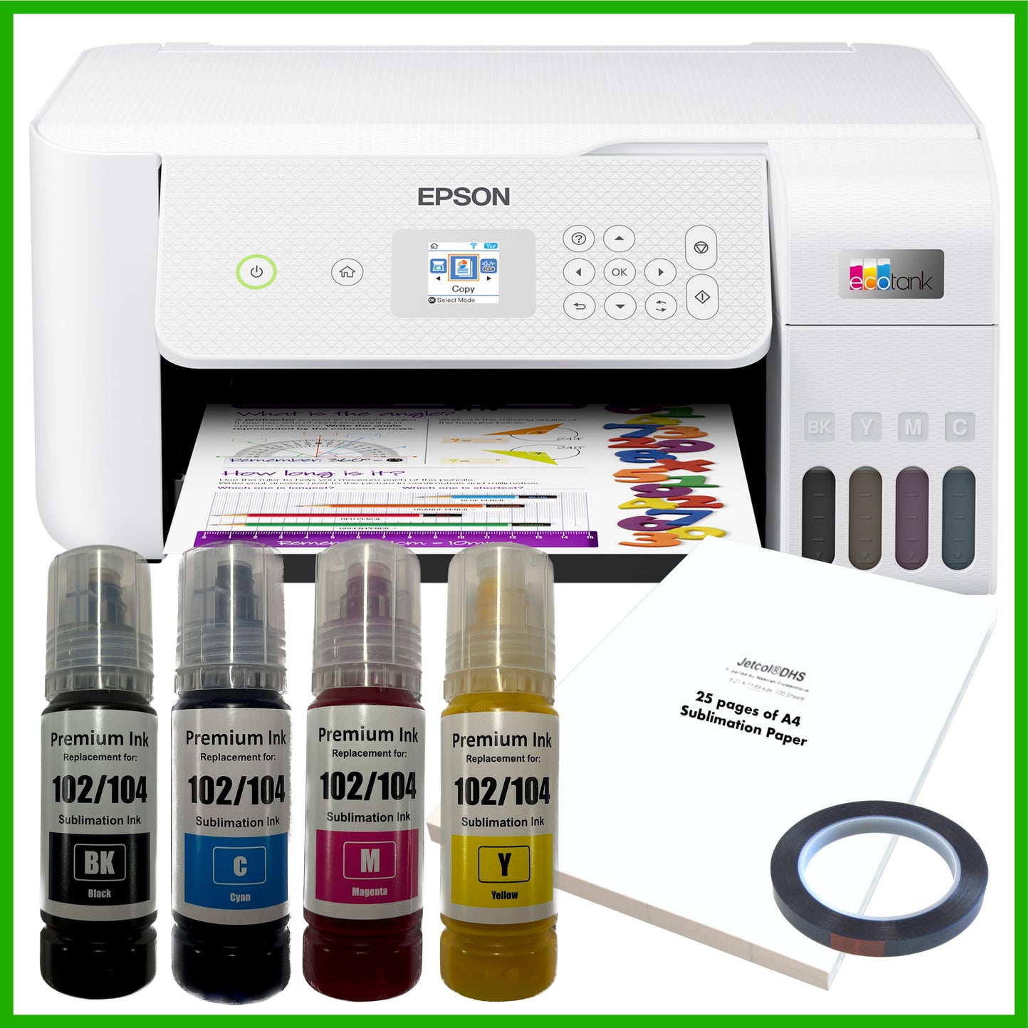 Sublimation Bundle: Epson EcoTank ET-2876 Printer + 4 x Inks + A4 Paper